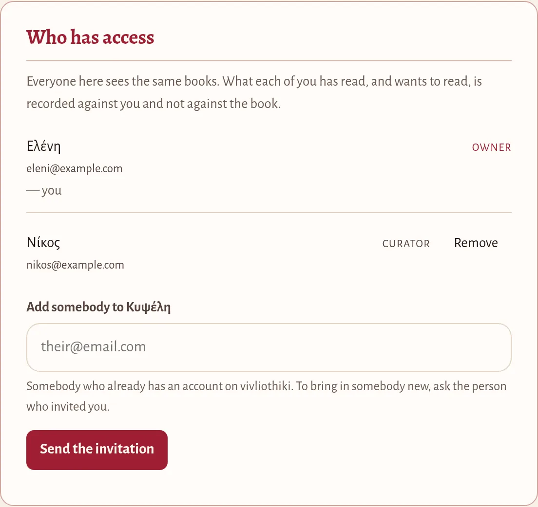 The Who has access card: the owner and one curator, and a field to add somebody