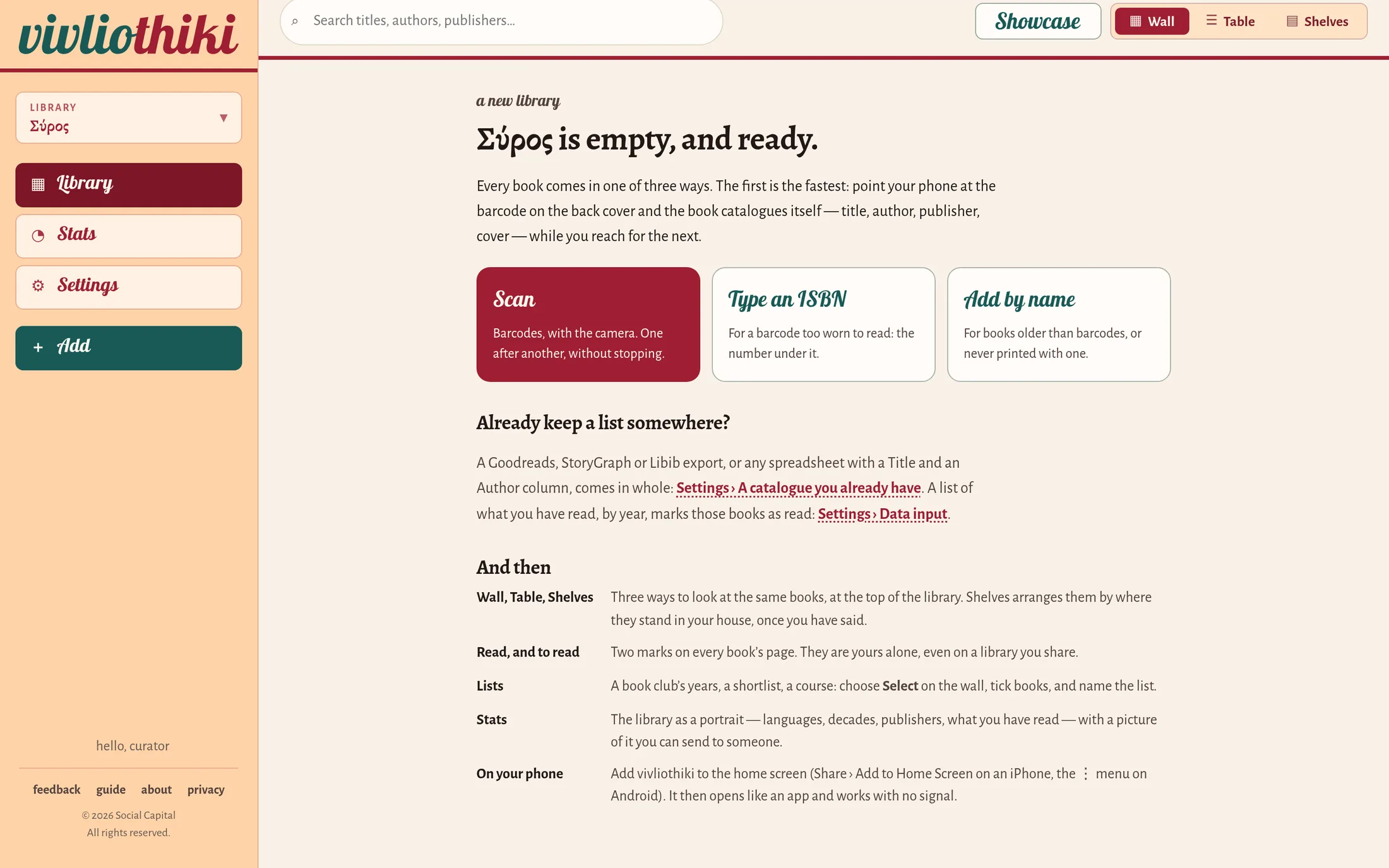 The welcome page of an empty library, with three buttons: Scan, Type an ISBN, Add by name